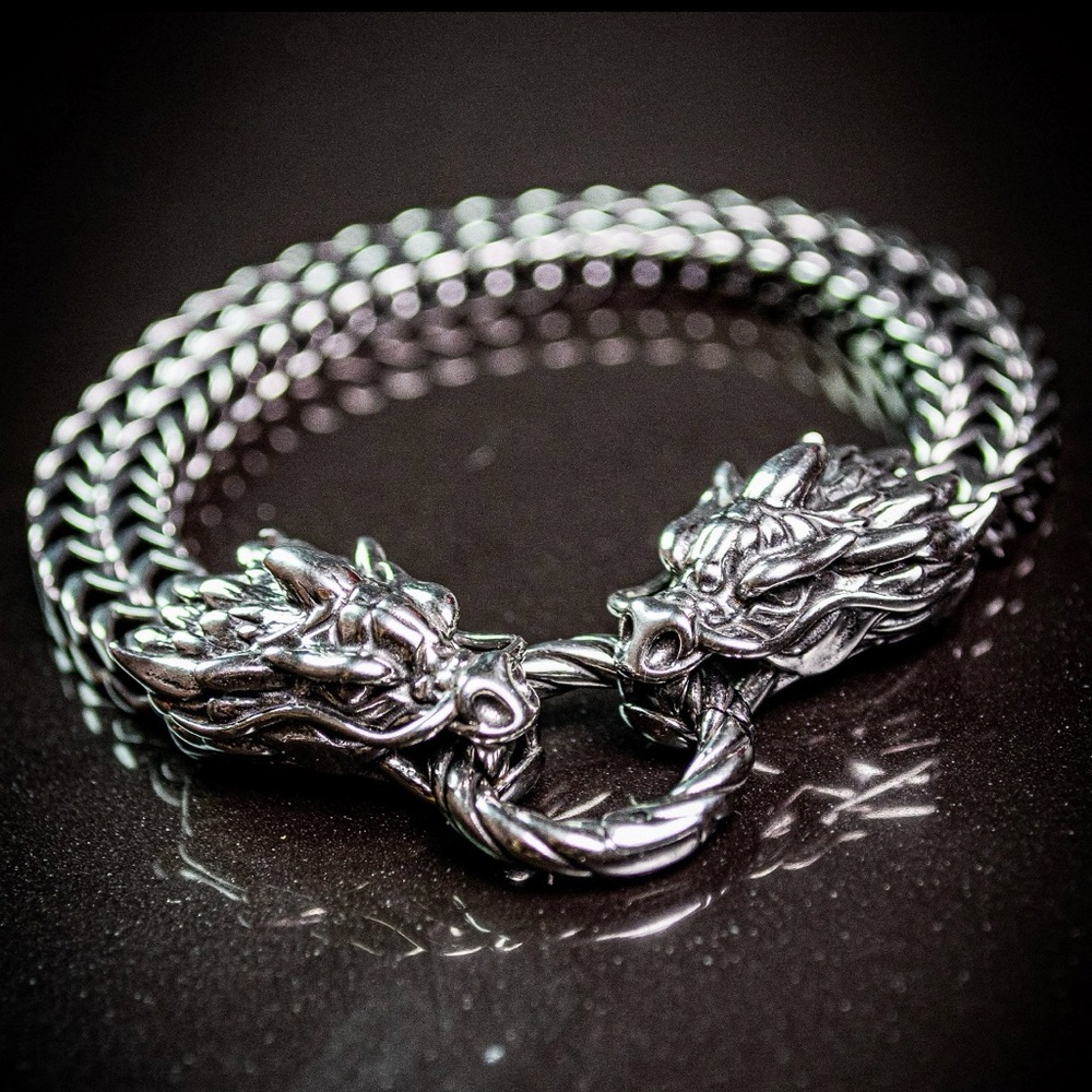 Double dragons head, stainless steel steel bracelet